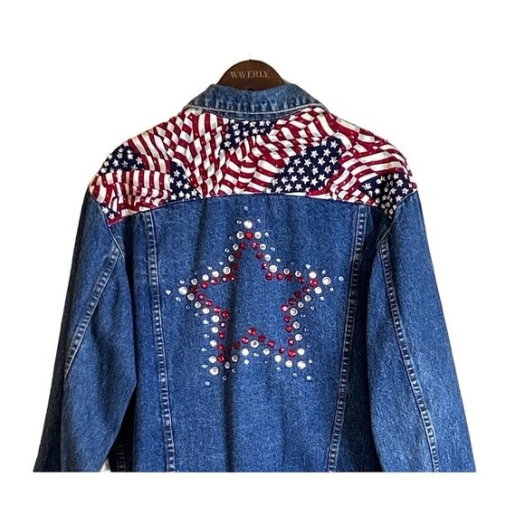 Vintage Flag Denim Jean Jacket USA Flag Lone Star Embellished White Red Blue Sm - Picture 5 of 9